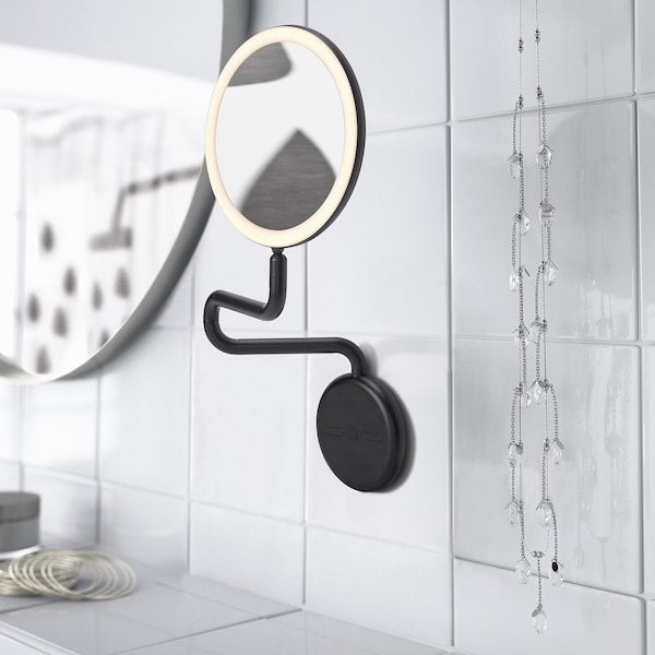 EKFÄNN mirror with integrated lighting, dimmable wall mounted/black, 20 cm