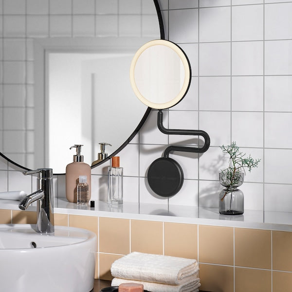 EKFÄNN mirror with integrated lighting, dimmable wall mounted/black, 20 cm