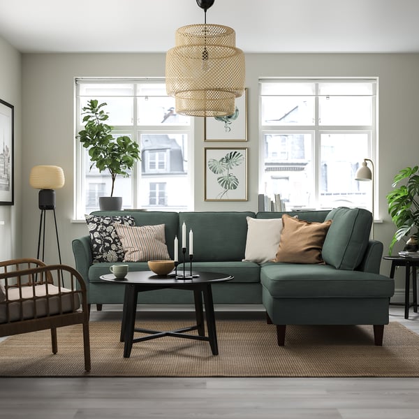 EKHOLMA corner sofa, 4-seat with open end, Hemmesta grey-green, 9x70x195 cm