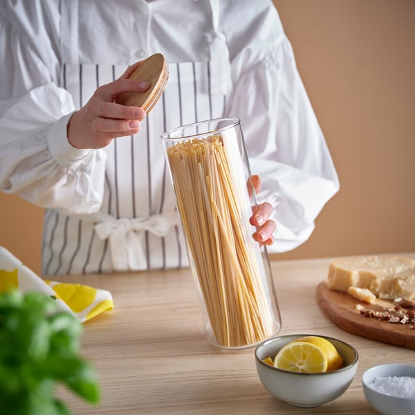 EKLATANT jar with lid, clear glass/bamboo, 1.8 l