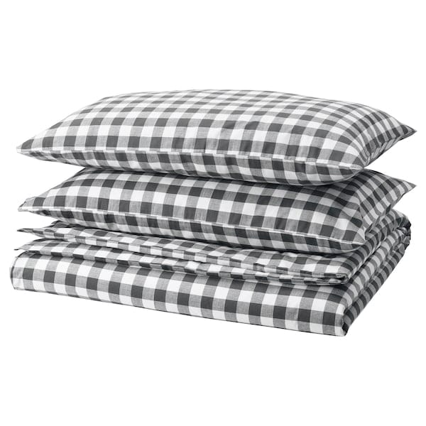 Ikea EKTANDVINGE - Duvet cover and 2 pillowcases, anthracite white/check, 240x220/50x80 cm