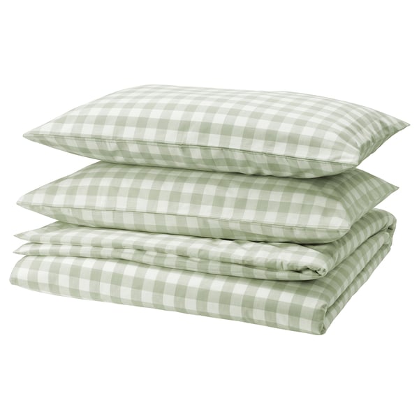 EKTANDVINGE duvet cover and 2 pillowcases, pale grey-green white/check, 240x220/50x80 cm