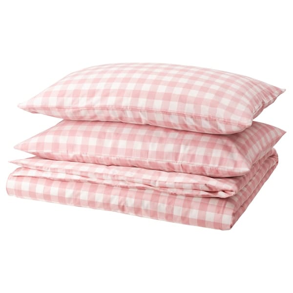 Ikea EKTANDVINGE - Duvet cover and 2 pillowcases, light pink white/check, 240x220/50x80 cm