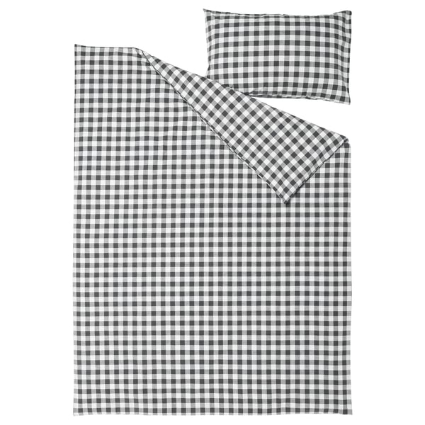 EKTANDVINGE duvet cover and pillowcase, anthracite white/check, 150x200/50x80 cm