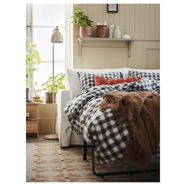 EKTANDVINGE duvet cover and pillowcase, anthracite white/check, 200x150 cm