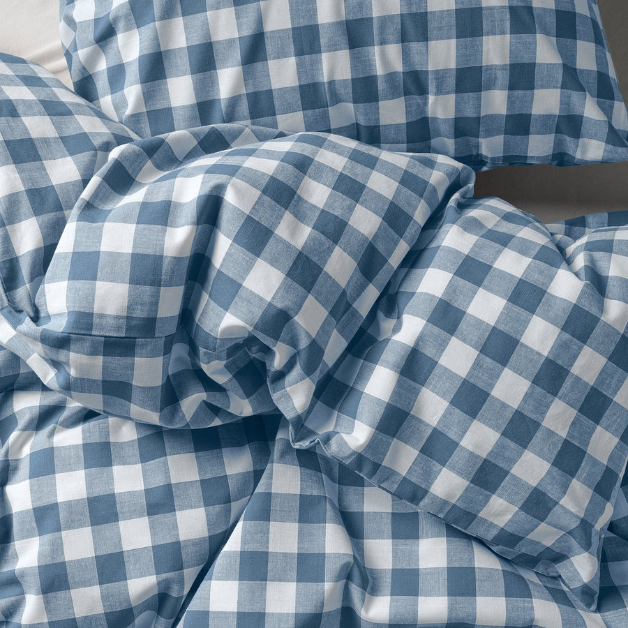 EKTANDVINGE duvet cover and pillowcase, dark blue white/check, 150x200/50x80 cm