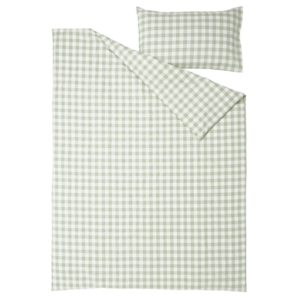 EKTANDVINGE duvet cover and pillowcase, pale grey-green white/check, 150x200/50x80 cm