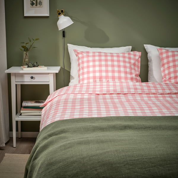 EKTANDVINGE duvet cover and pillowcase, light pink white/check, 150x200/50x80 cm