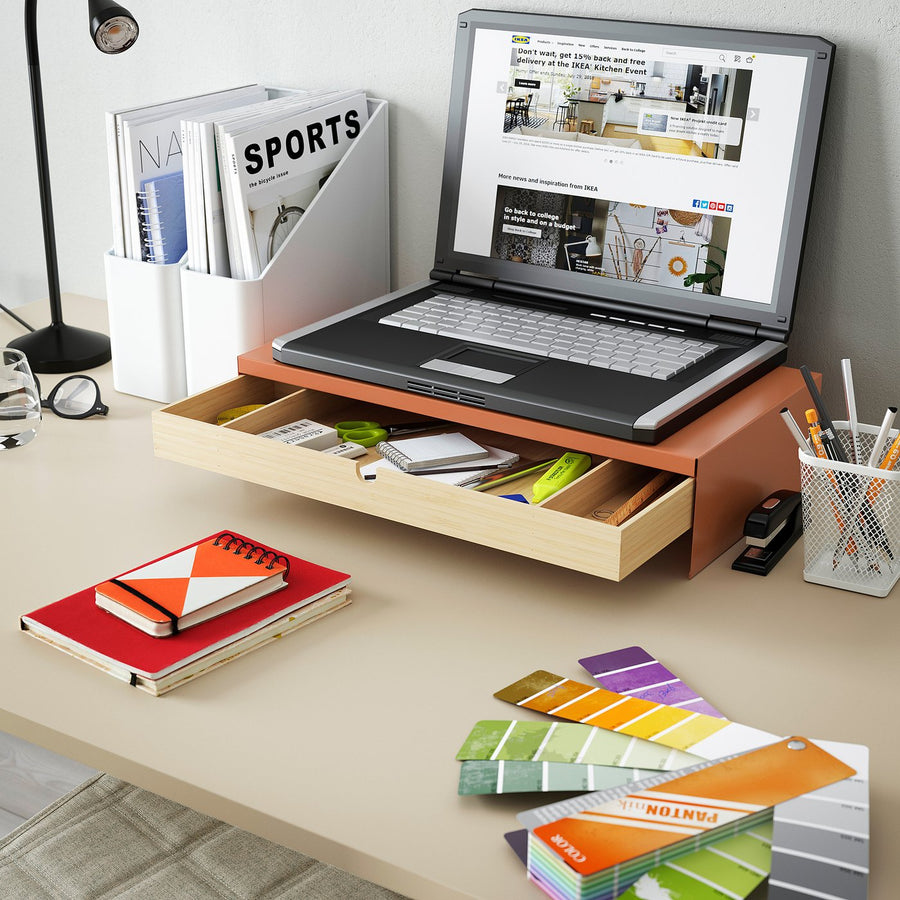 ELLOVEN monitor stand with drawer, bright orange, 47x10x26 cm