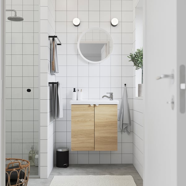 ENHET / TVÄLLEN wash-stnd w doors/wash-basin/tap, white/oak effect, 64x33x65 cm