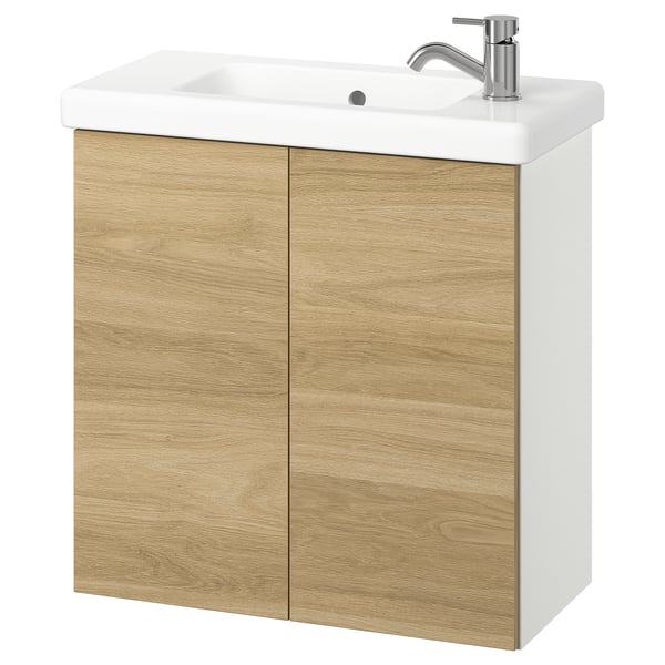 ENHET / TVÄLLEN wash-stnd w doors/wash-basin/tap, white/oak effect, 64x33x65 cm
