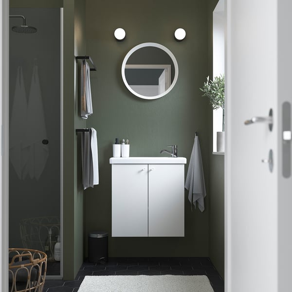 ENHET / TVÄLLEN wash-stnd w doors/wash-basin/tap, white, 64x33x65 cm