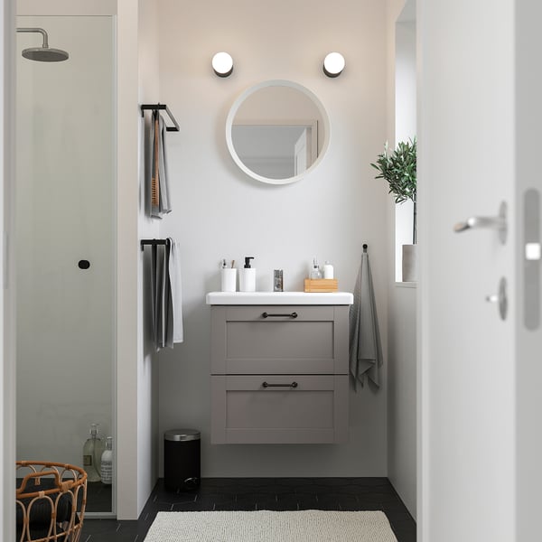 ENHET / TVÄLLEN wash-stnd w drawers/wash-basin/tap, grey frame/grey, 60x65x43 cm