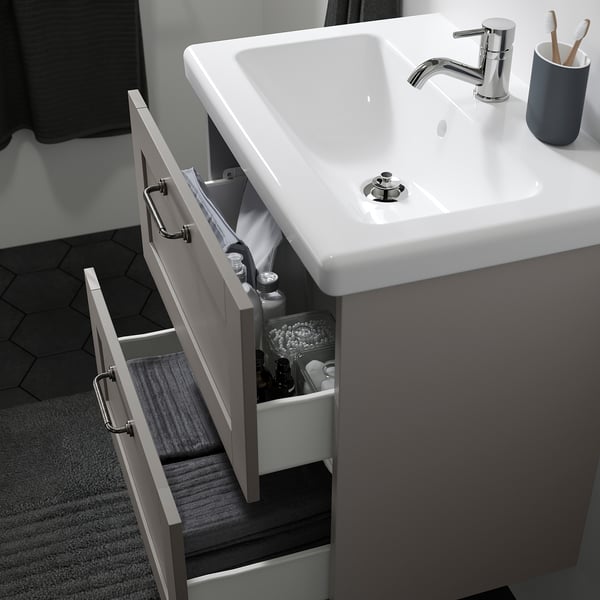 ENHET / TVÄLLEN wash-stnd w drawers/wash-basin/tap, grey frame/grey, 60x65x43 cm