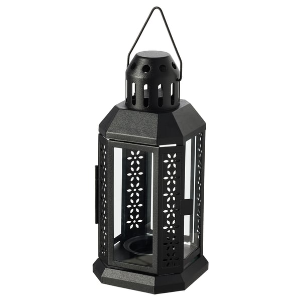 ENRUM lantern for tealight, in/outdoor, black, 22 cm