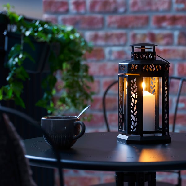 ENRUM lantern f block candle, in/outdoor, black, 28 cm