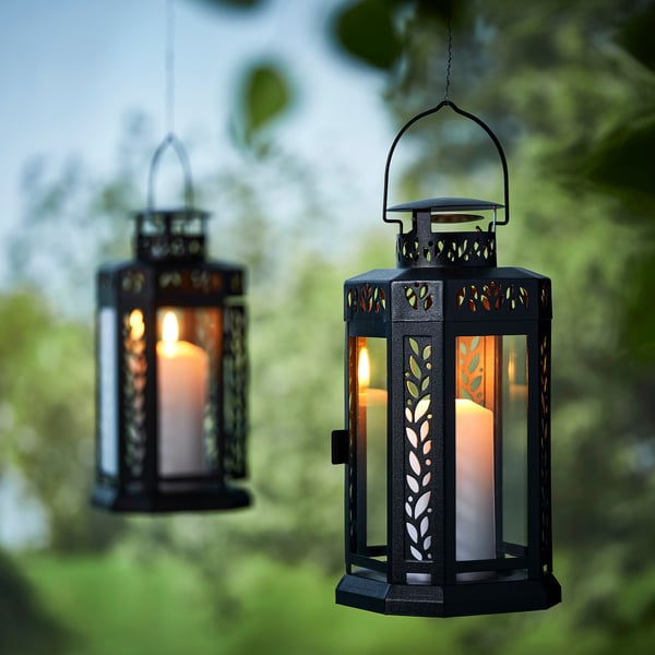 ENRUM lantern f block candle, in/outdoor, black, 28 cm
