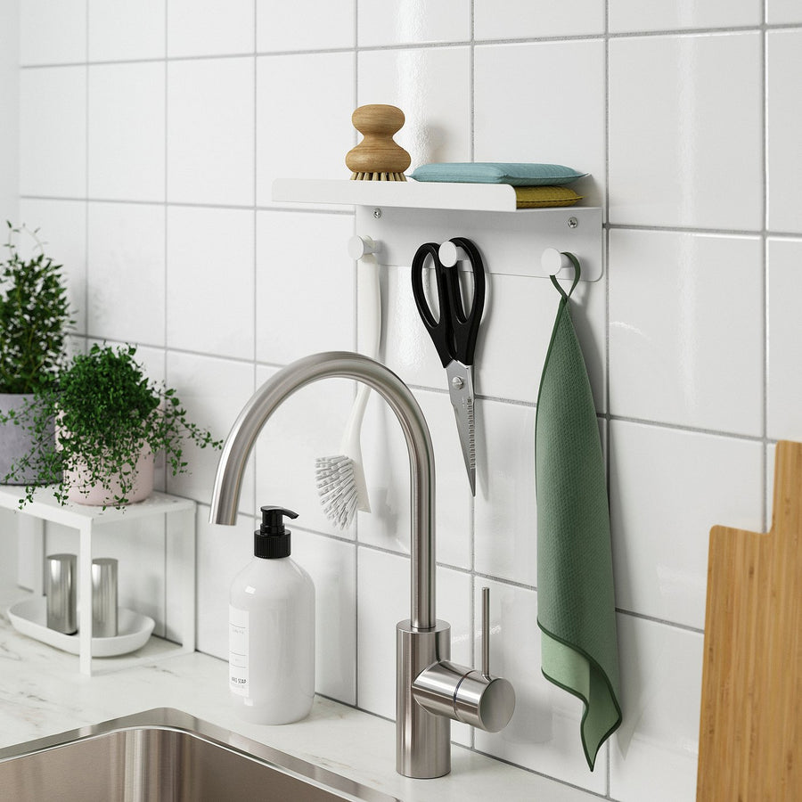 ENUDDEN wall shelf with 3 hooks, white, 30x8 cm