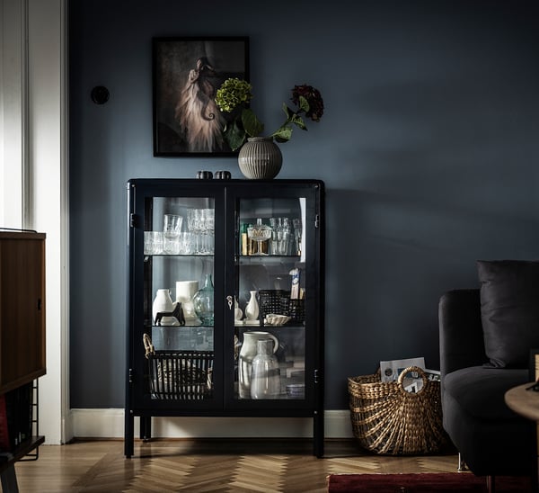 FABRIKÖR glass-door cabinet, black-blue, 81x113 cm