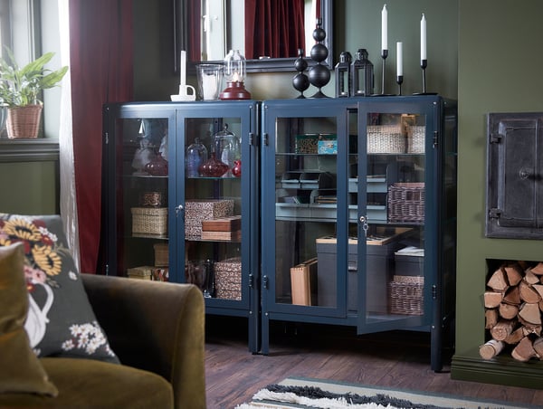 FABRIKÖR glass-door cabinet, black-blue, 81x113 cm