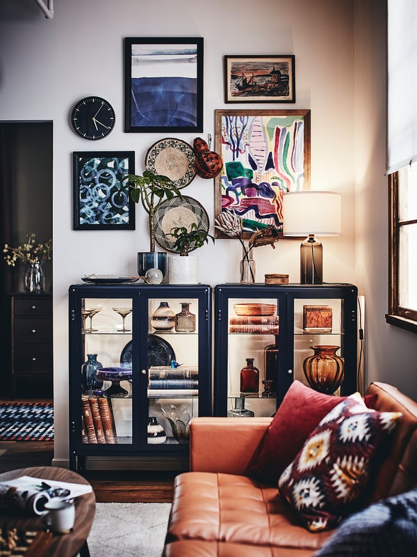 FABRIKÖR glass-door cabinet, black-blue, 81x113 cm