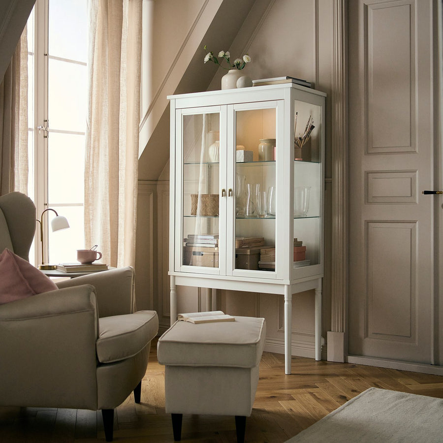 FÄRJKARL glass-door cabinet, off-white, 87.4x161.1x44.5 cm