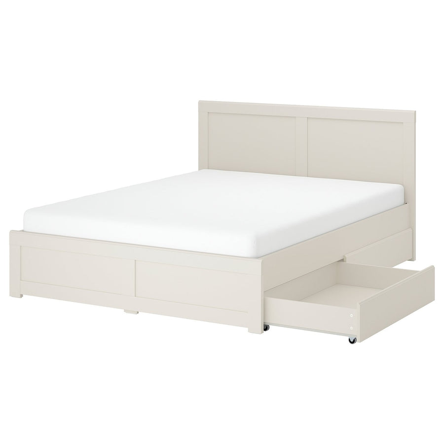 FÅGELFJÄLLET bed frame with 4 storage boxes, off-white/Lindbåden, 160x200 cm