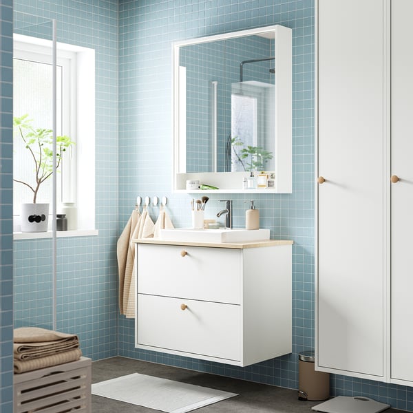 FAXÄLVEN mirror cabinet w built-in lighting, white, 80x15x95 cm