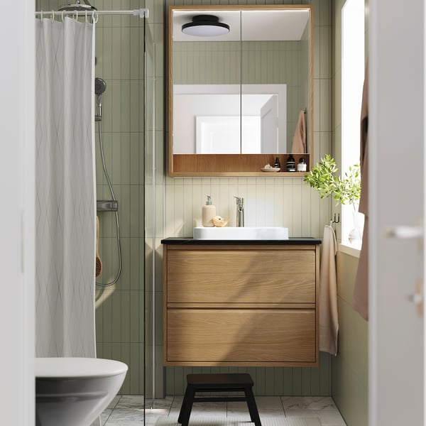 FAXÄLVEN mirror cabinet w built-in lighting, oak effect, 80x15x95 cm
