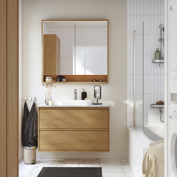 FAXÄLVEN mirror cabinet w built-in lighting, oak effect, 100x15x95 cm