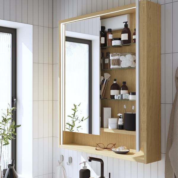 FAXÄLVEN mirror cabinet w built-in lighting, oak effect, 80x15x95 cm