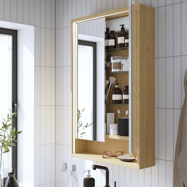 FAXÄLVEN mirror cabinet w built-in lighting, oak effect, 60x15x95 cm