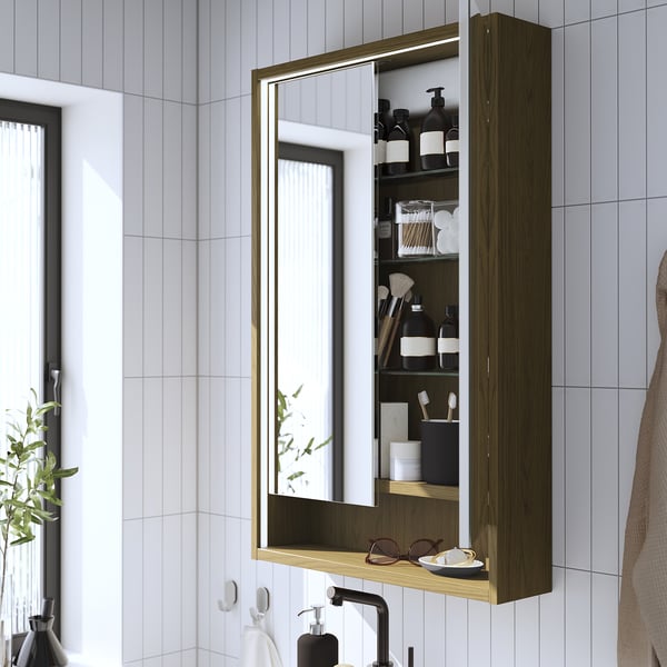 FAXÄLVEN mirror cabinet w built-in lighting, brown oak effect, 60x15x95 cm