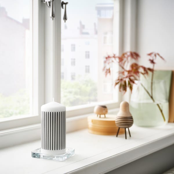 Ikea FENOMEN - Unscented pillar candle, narrow-striped/black white, 14 cm