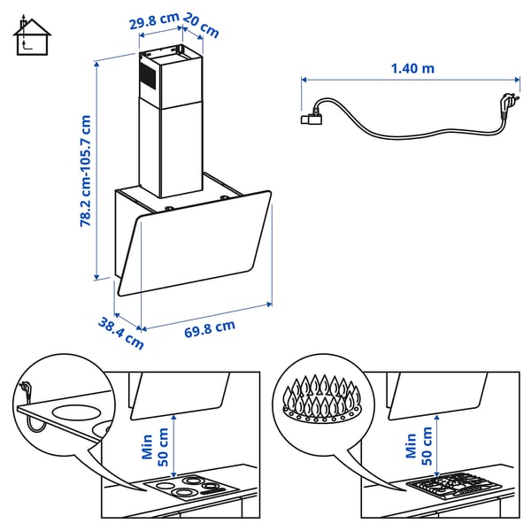 FINSMAKARE wall mounted extractor hood, black, 70 cm