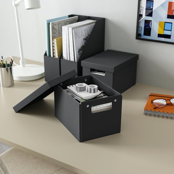 FJÄDERHARV storage box with lid, anthracite, 18x25x16 cm