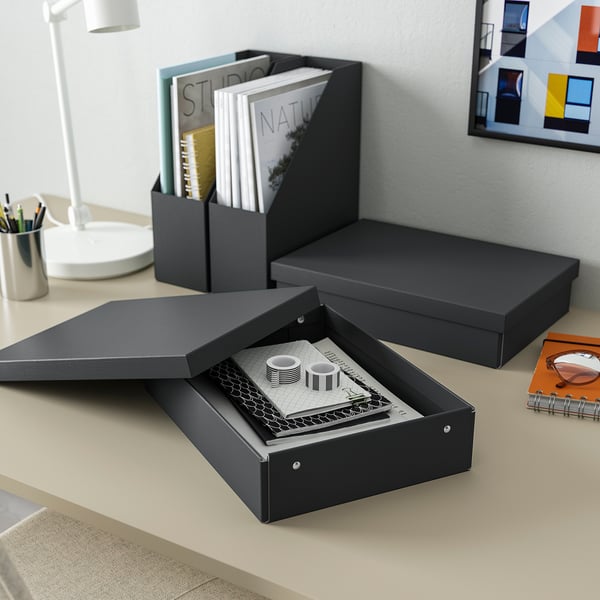 FJÄDERHARV storage box with lid, anthracite, 25x35x8 cm