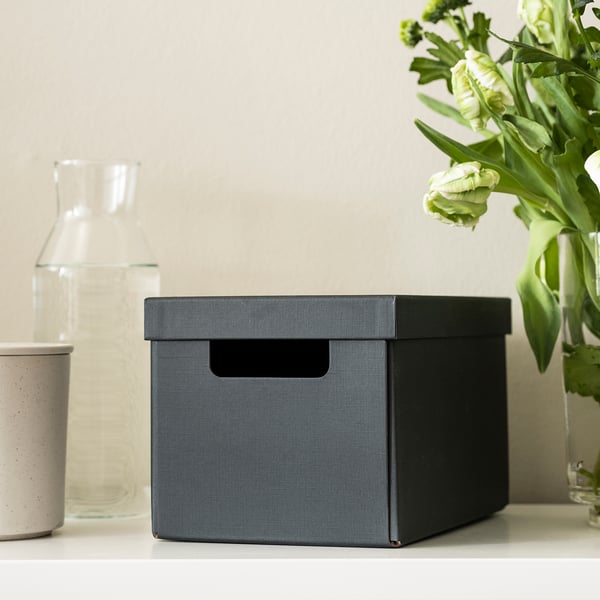 FJÄDERHARV storage box with lid, anthracite, 18x25x16 cm