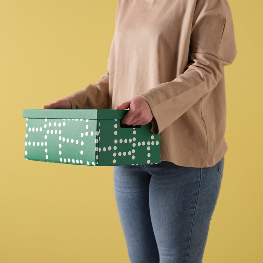 FJÄDERHARV storage box with lid, green/dotted, 25x35x16 cm