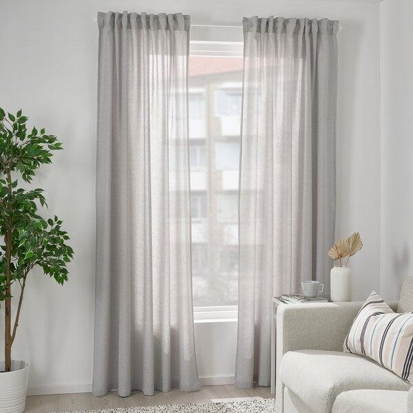 FJÄDERMOTT curtains, 1 pair, white/grey/with heading tape, 145x300 cm