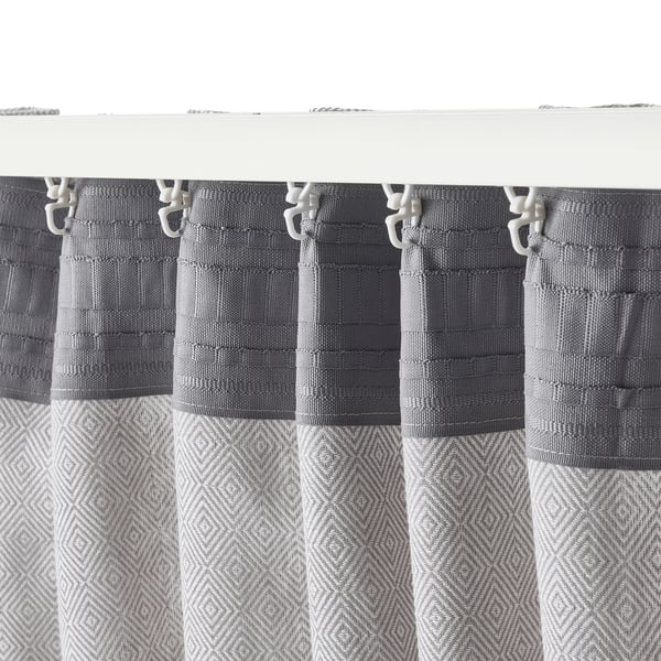 FJÄDERMOTT curtains, 1 pair, white/grey/with heading tape, 145x300 cm