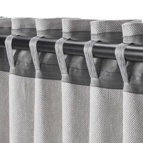 FJÄDERMOTT curtains, 1 pair, white/grey/with heading tape, 145x300 cm