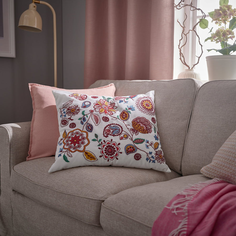FJÄLLFRYLE cushion, white multicolour/embroidery, 50x58 cm