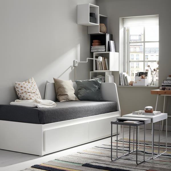 FLEKKE day-bed w 2 drawers/2 mattresses, white/Åfjäll medium firm, 80x200 cm