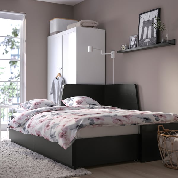 FLEKKE day-bed w 2 drawers/2 mattresses, black-brown/Åfjäll medium firm, 80x200 cm