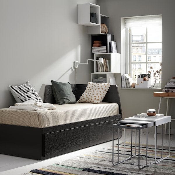 Ikea FLEKKE - Sofa bed/2 drawers/2 mattresses, brown-black/Vannareid extra-rigid, 80x200 cm