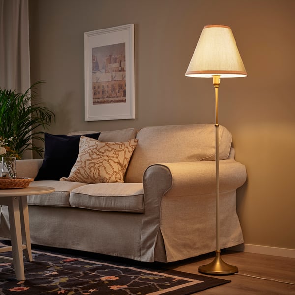 FLYGHÖJD floor lamp, brass/beige, 36 cm