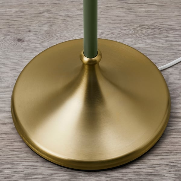 FLYGHÖJD - Floor lamp, brass/grey-green