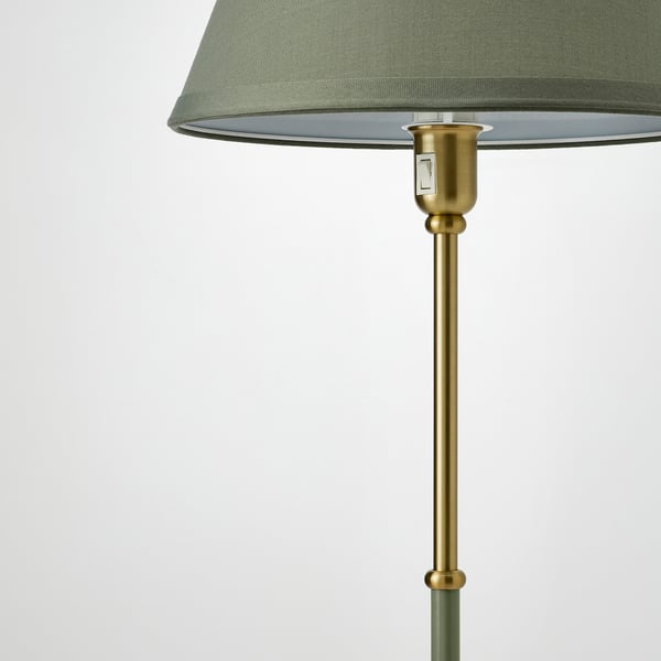 FLYGHÖJD floor lamp, brass/green-grey, 36 cm