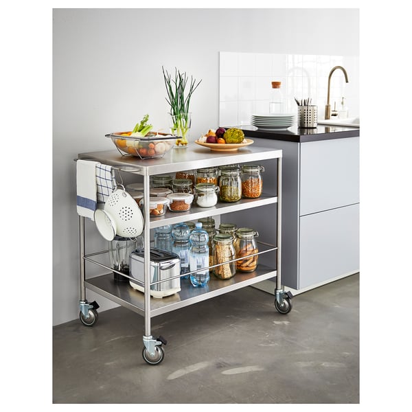 FLYTTA kitchen trolley, stainless steel, 98x57 cm